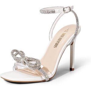Dream Pairs Women White Faux Leather Double Bowknots Square Toe Slingback Heels